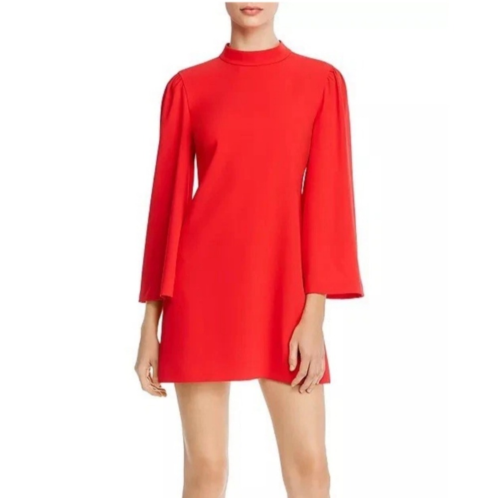 Alice & Olivia Bailey Mini Dress Red Mock Neck V-Back Zip 3/4 Bell Sleeve SZ 8